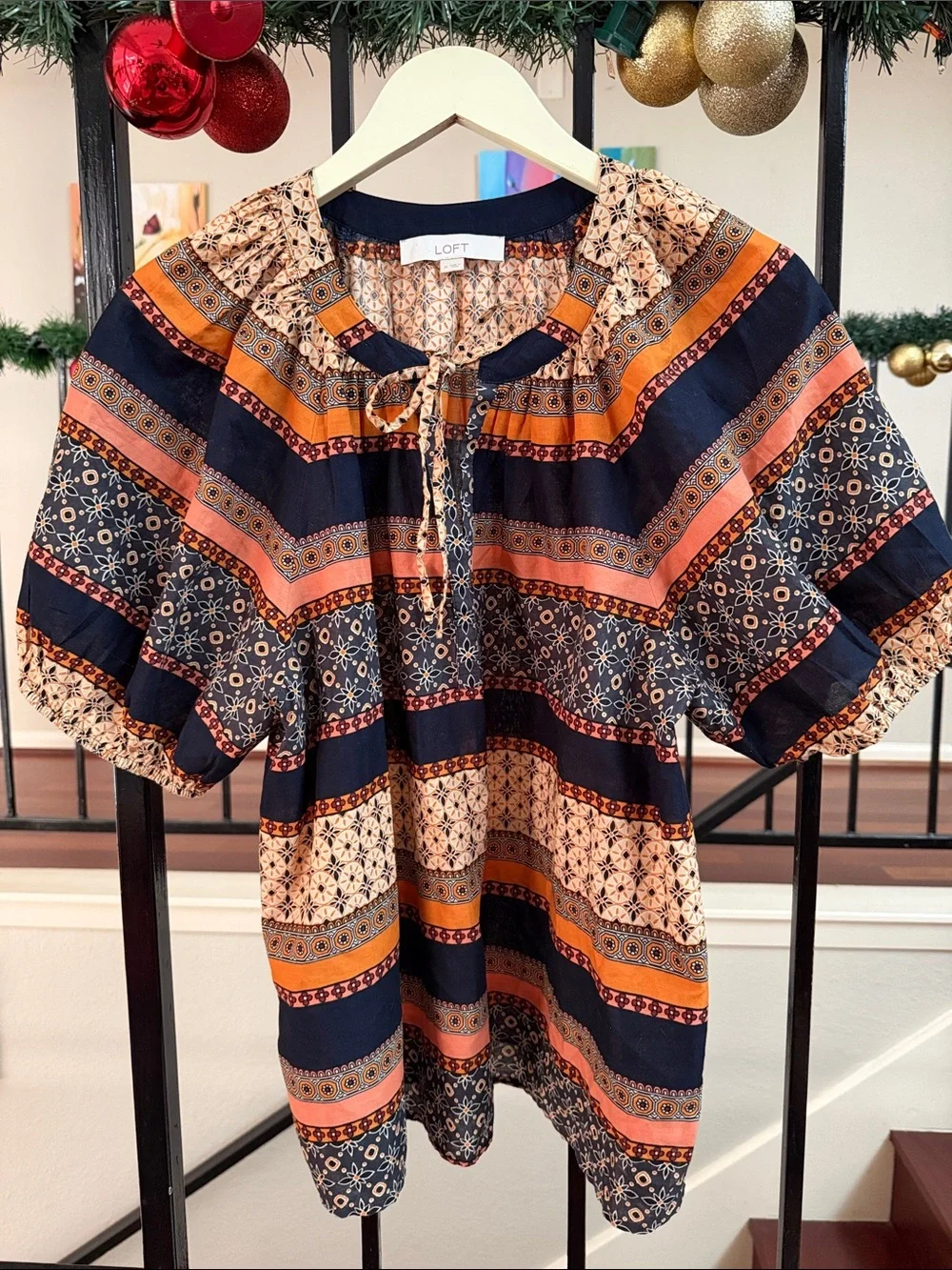 LOFT Navy and Rust Striped Printed Peasant Blouse